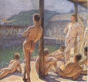 Eugene Jansson in navy bathing hut painting